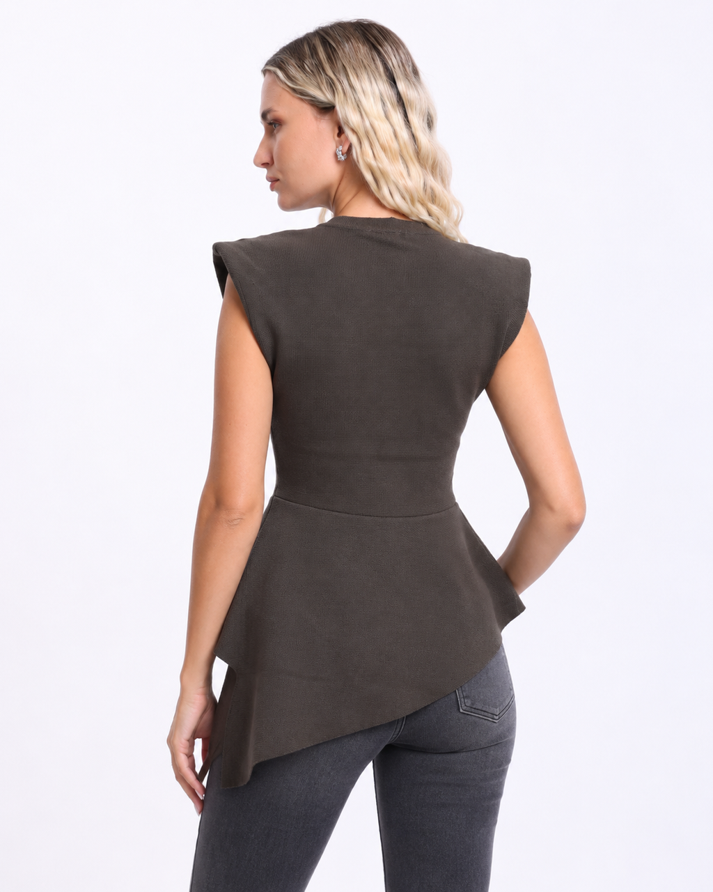 Peplum Top with  Silver Beaded Collar   Brown