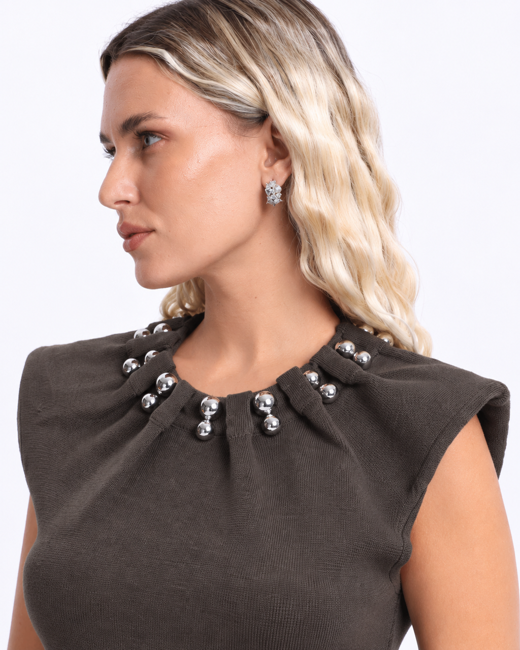 Peplum Top with  Silver Beaded Collar   Brown