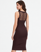 Ribbed Midi Dress with Lace V-Neck & Back Detail  Brown   M5242