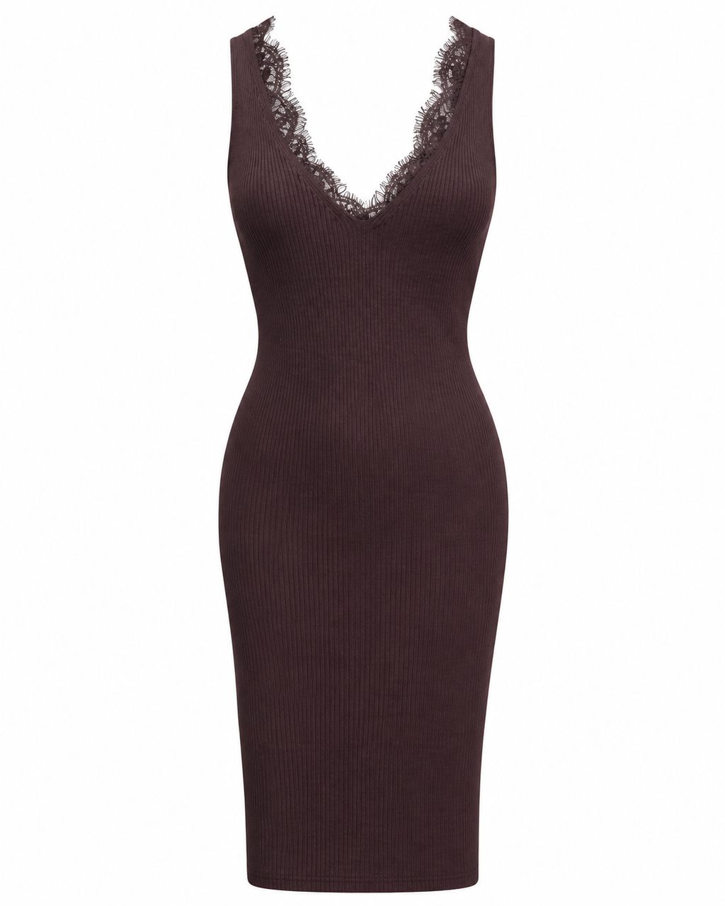 Ribbed Midi Dress with Lace V-Neck & Back Detail  Brown   M5242