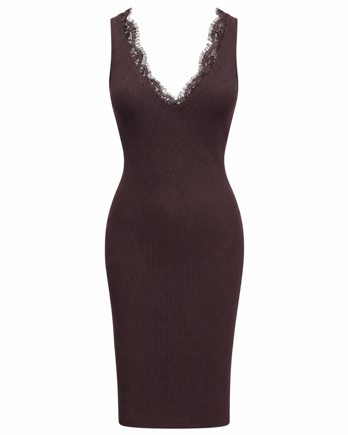 Ribbed Midi Dress with Lace V-Neck & Back Detail  Brown   M5242