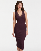 Ribbed Midi Dress with Lace V-Neck & Back Detail  Burgundy M5242