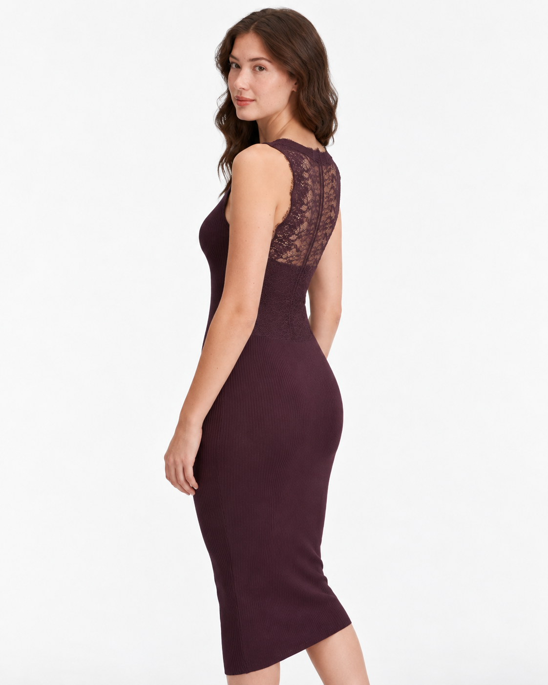 Ribbed Midi Dress with Lace V-Neck & Back Detail  Burgundy M5242