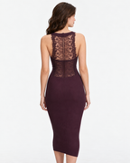 Ribbed Midi Dress with Lace V-Neck & Back Detail  Burgundy M5242
