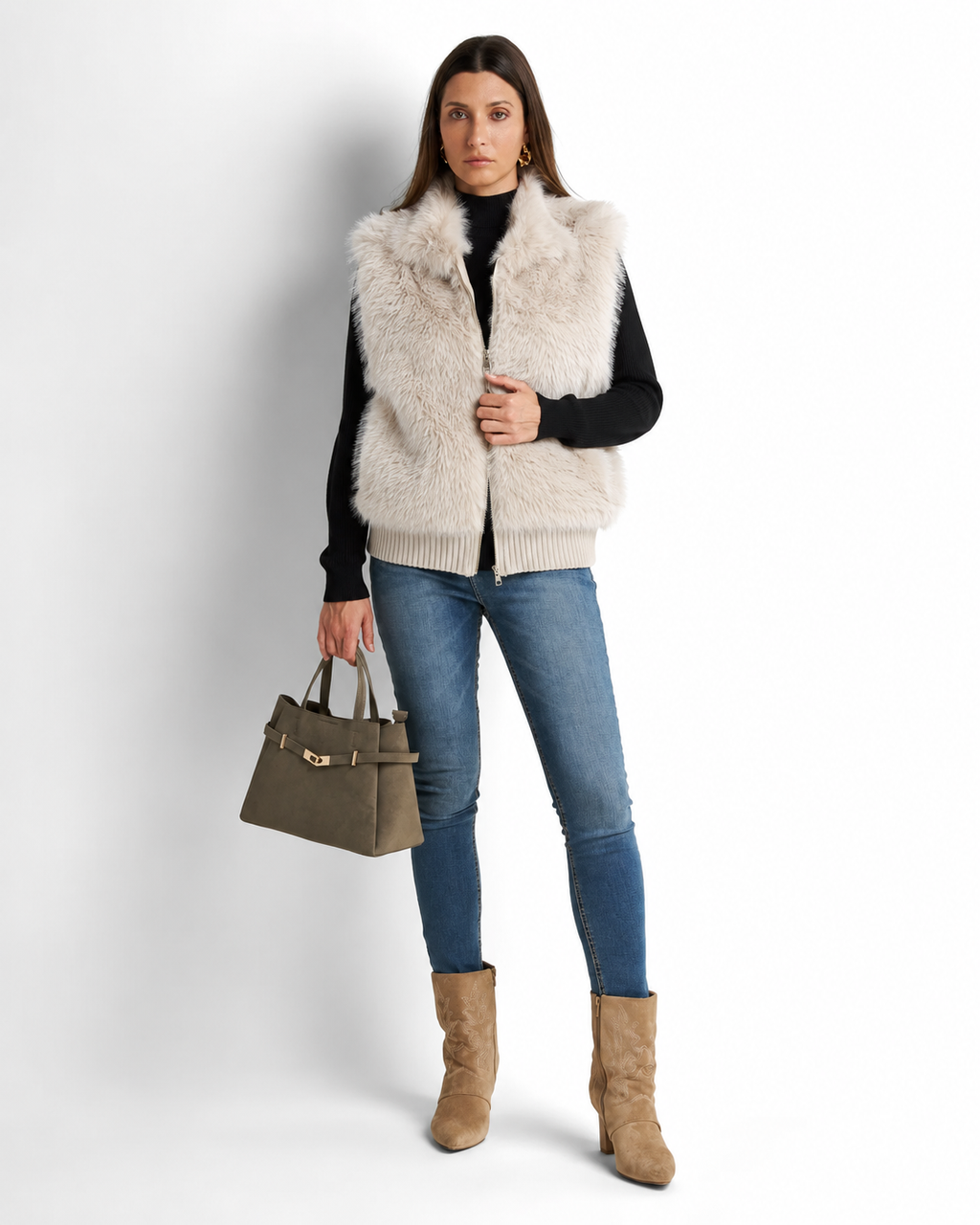 Faux Fur Gilet with Detachable Sleeves – 2-in-1 Jacket Biege  V8082
