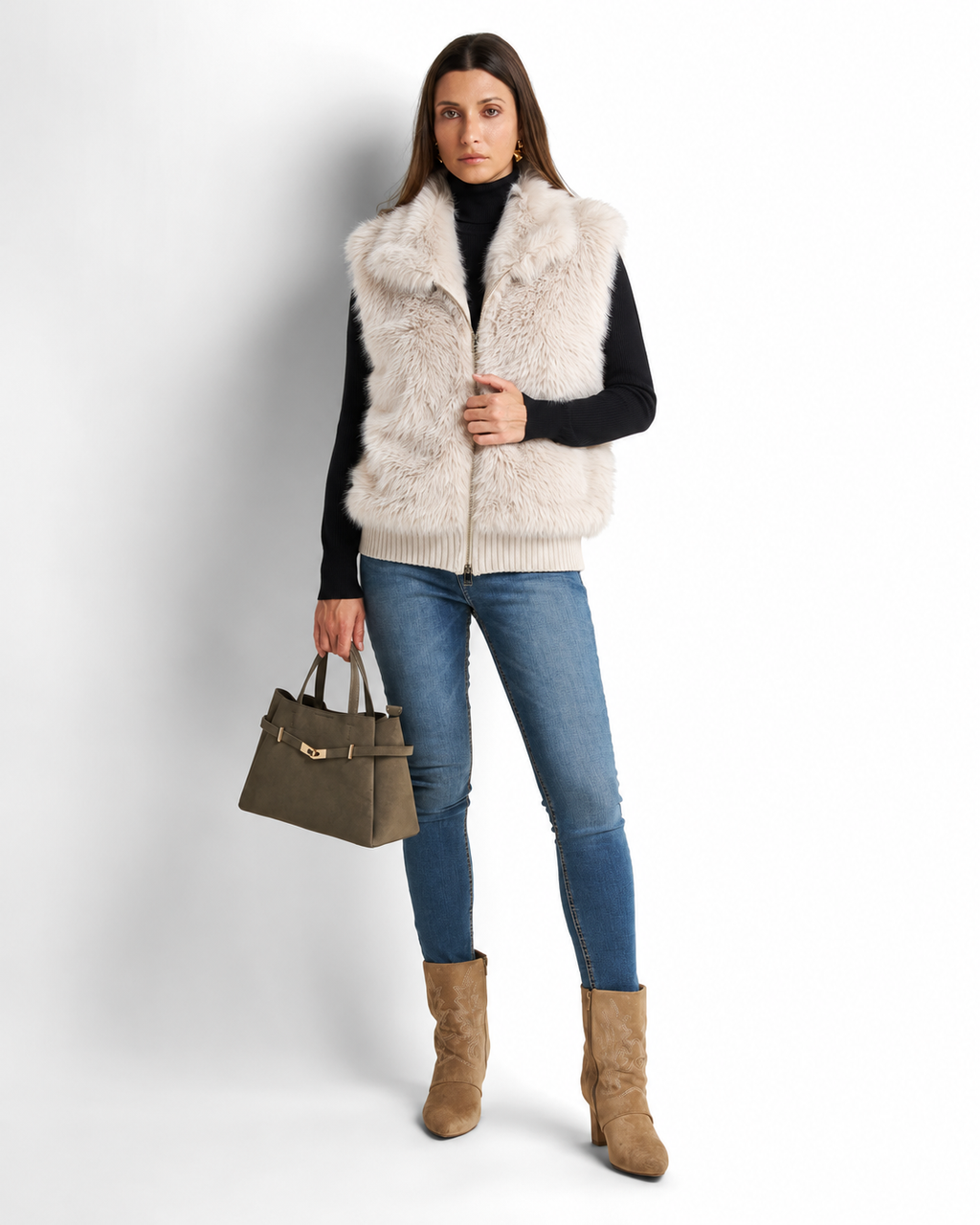 Faux Fur Gilet with Detachable Sleeves – 2-in-1 Jacket Biege  V8082