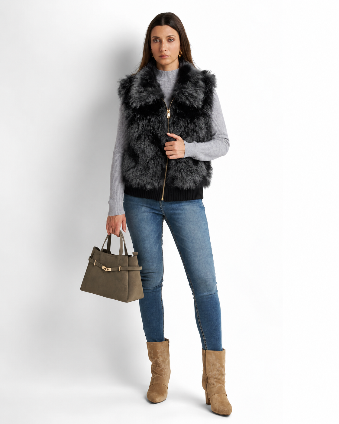 Faux Fur Gilet with Detachable Sleeves – 2-in-1 Jacket Black  V8082
