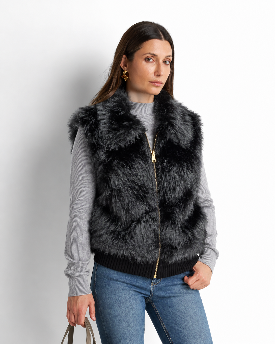 Faux Fur Gilet with Detachable Sleeves – 2-in-1 Jacket Black  V8082