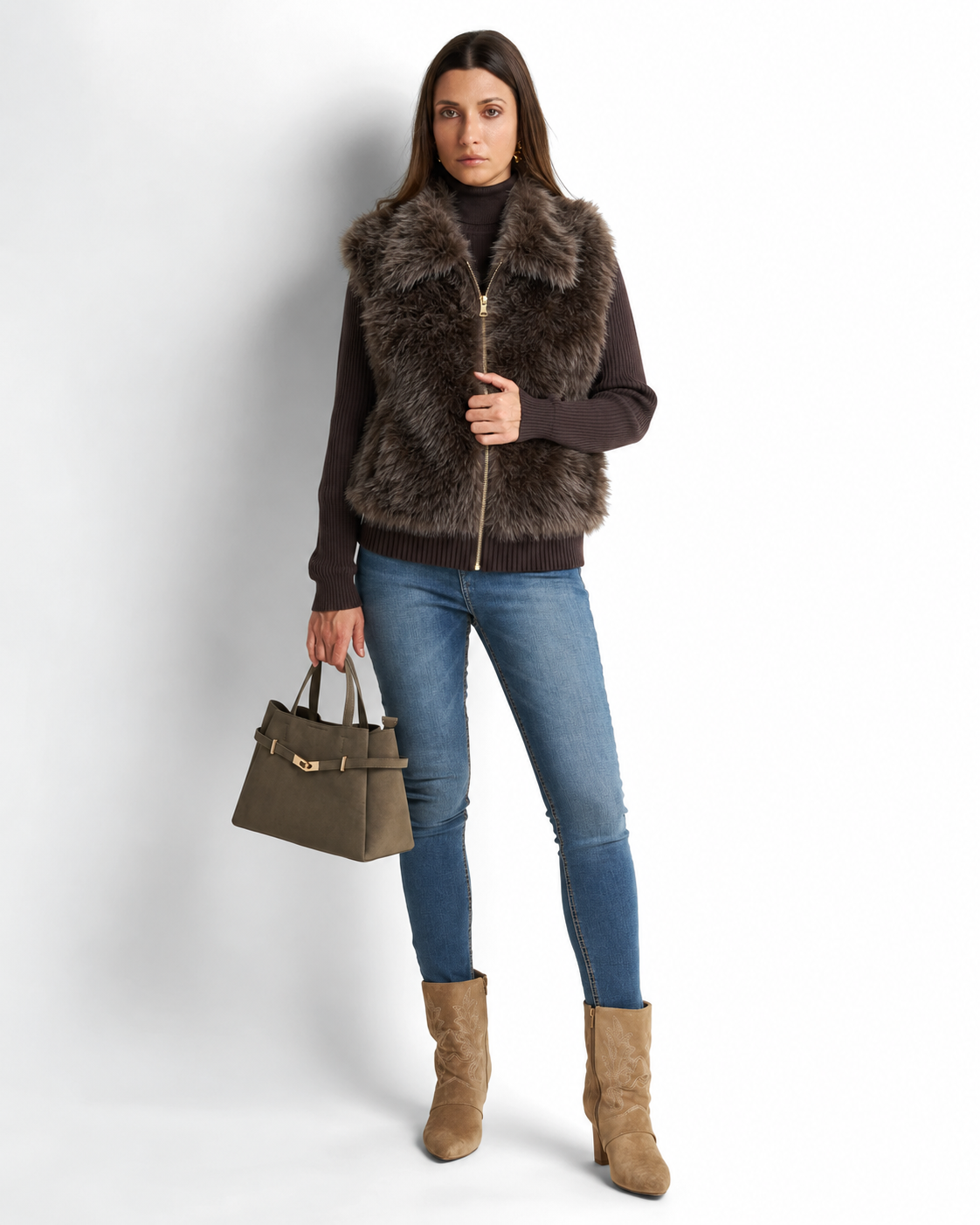 Faux Fur Gilet with Detachable Sleeves – 2-in-1 Jacket coffee  V8082