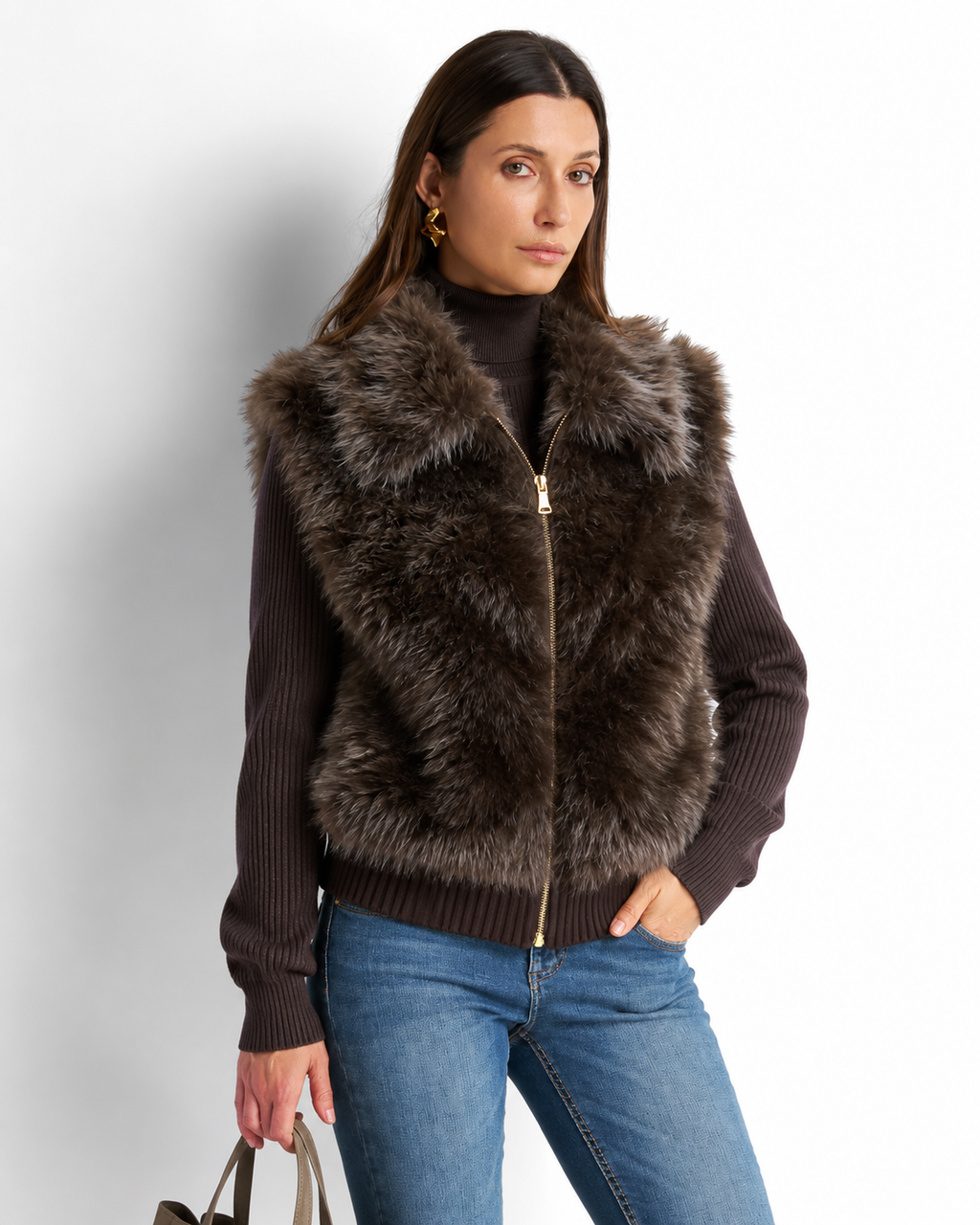 Faux Fur Gilet with Detachable Sleeves – 2-in-1 Jacket coffee  V8082