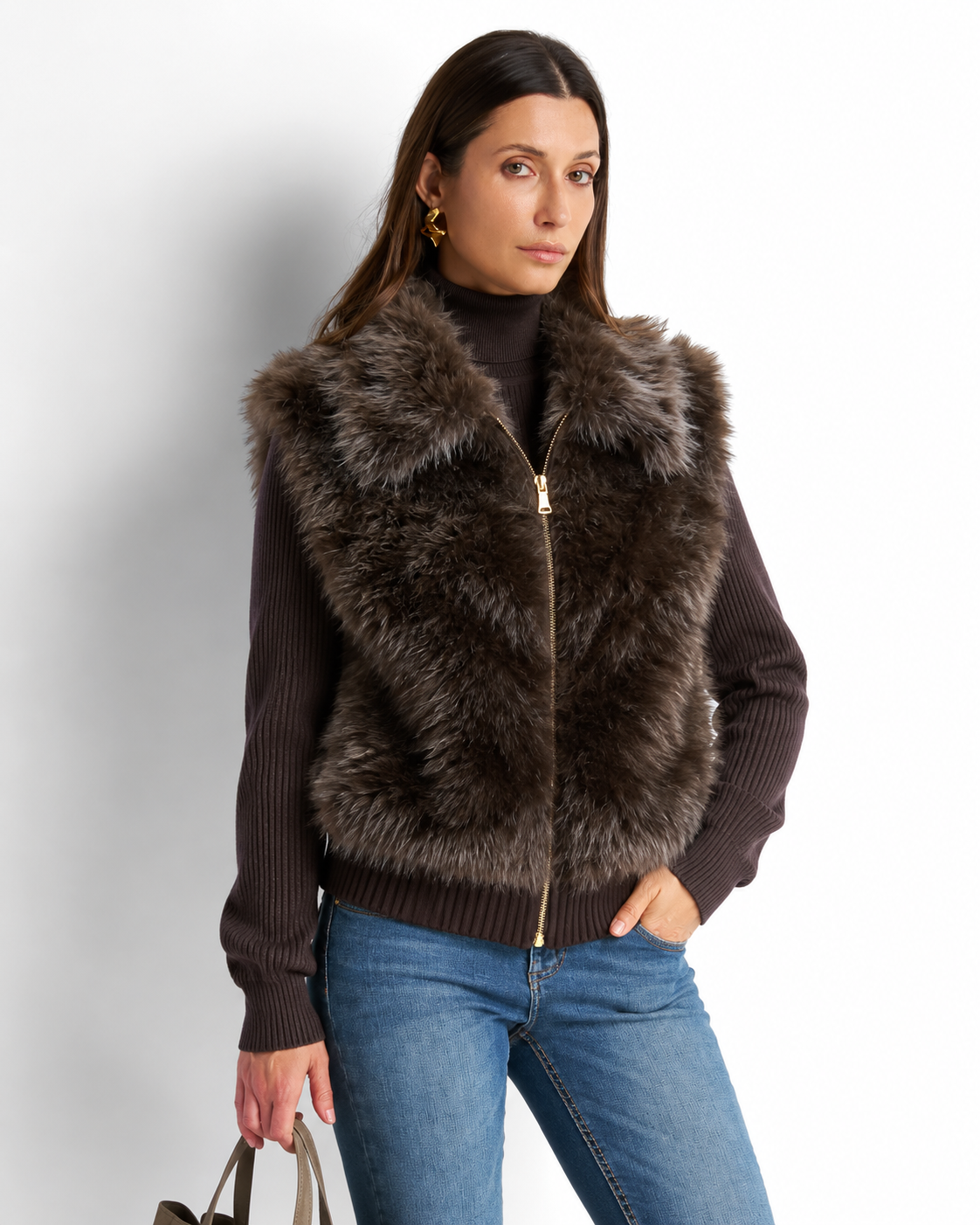 Faux Fur Gilet with Detachable Sleeves – 2-in-1 Jacket coffee  V8082