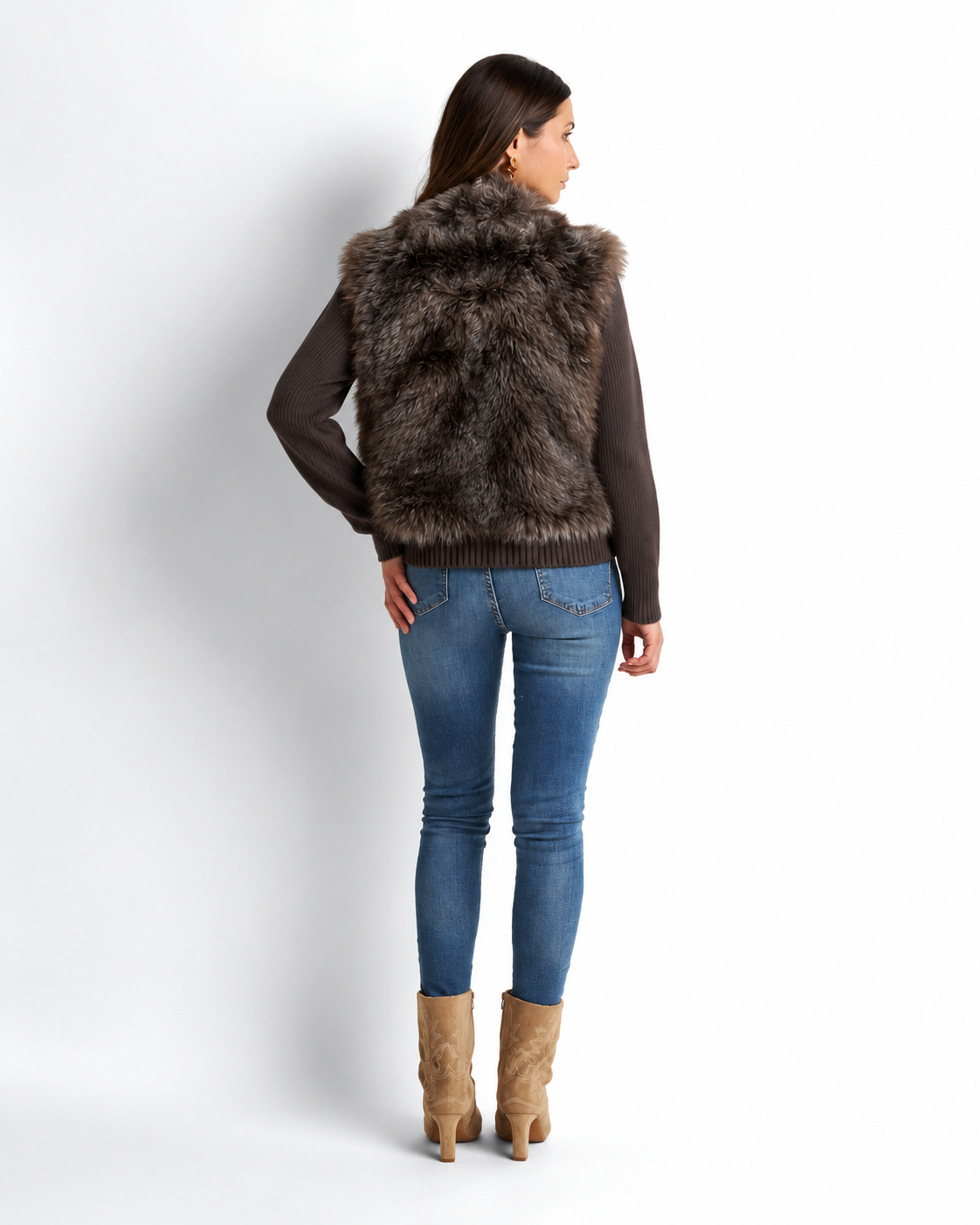 Faux Fur Gilet with Detachable Sleeves – 2-in-1 Jacket coffee  V8082
