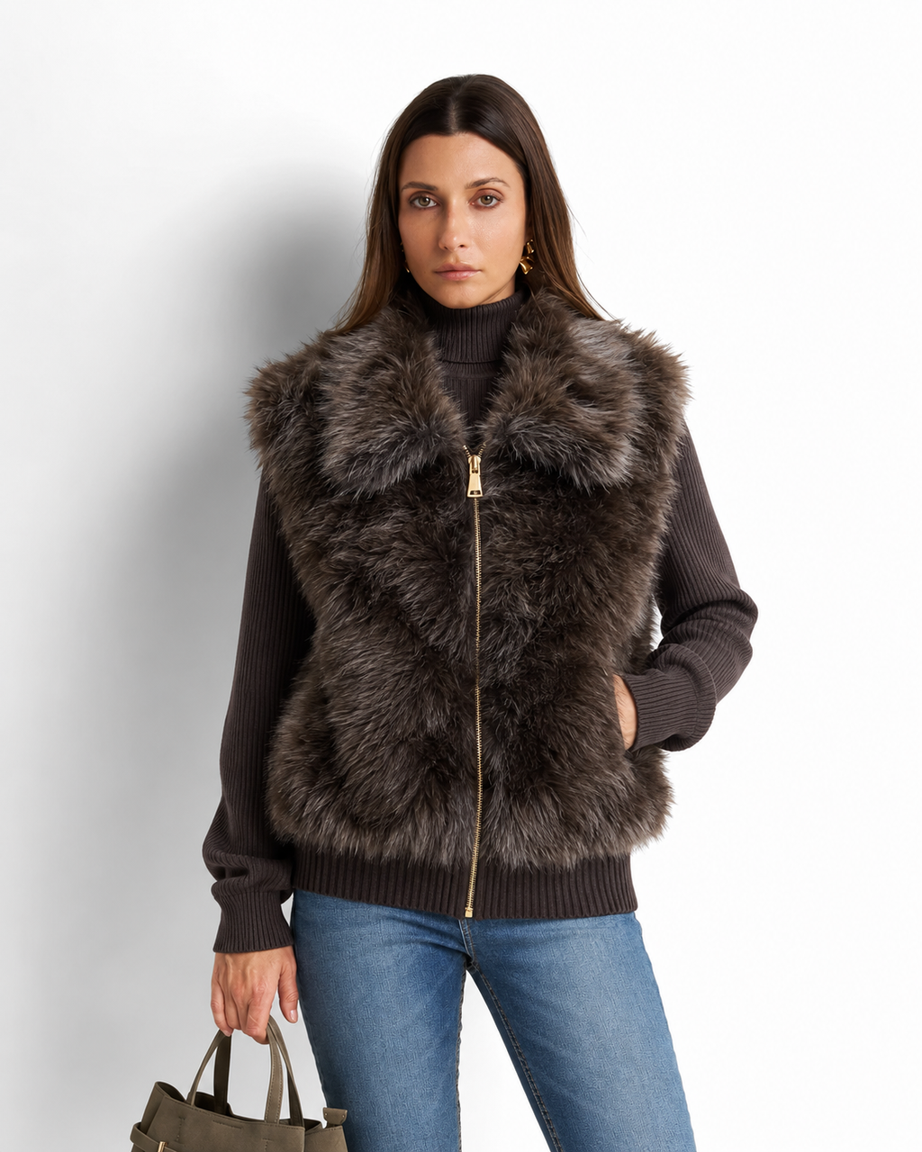 Faux Fur Gilet with Detachable Sleeves – 2-in-1 Jacket coffee  V8082