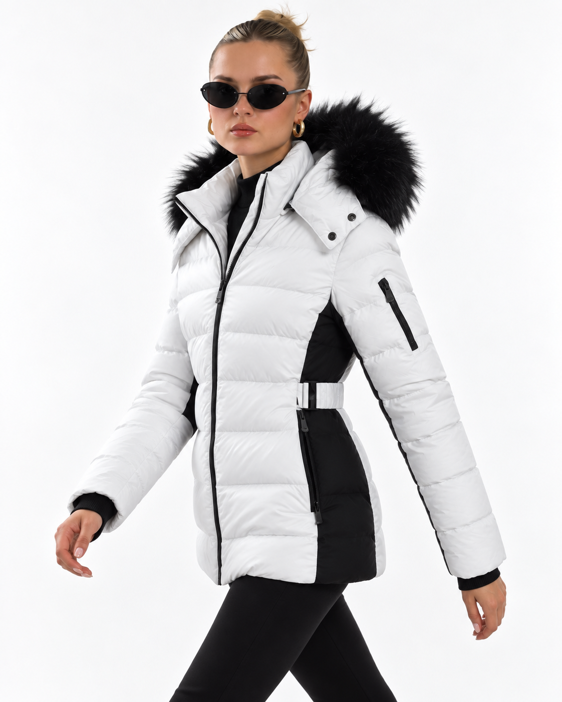 Padded Puffer Jacket with Black Faux Fur Hood White FC7601