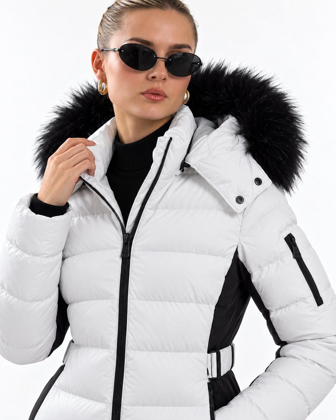 Padded Puffer Jacket with Black Faux Fur Hood White FC7601