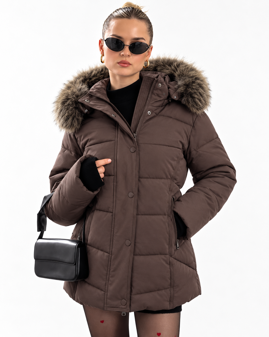 Women’s Luxury Faux-Fur Hooded Puffer Coat   Brown TG199