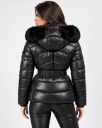 Belted Puffer Jacket with Faux Fur Hood  Black