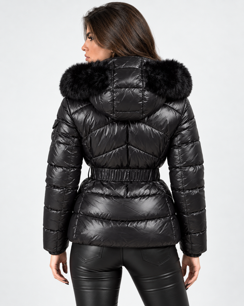 Belted Puffer Jacket with Faux Fur Hood  Black