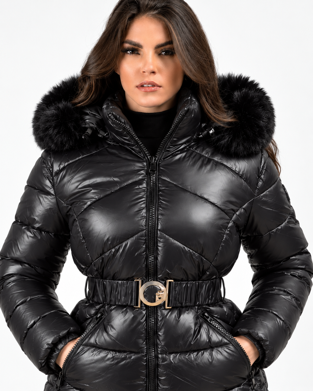 Belted Puffer Jacket with Faux Fur Hood  Black