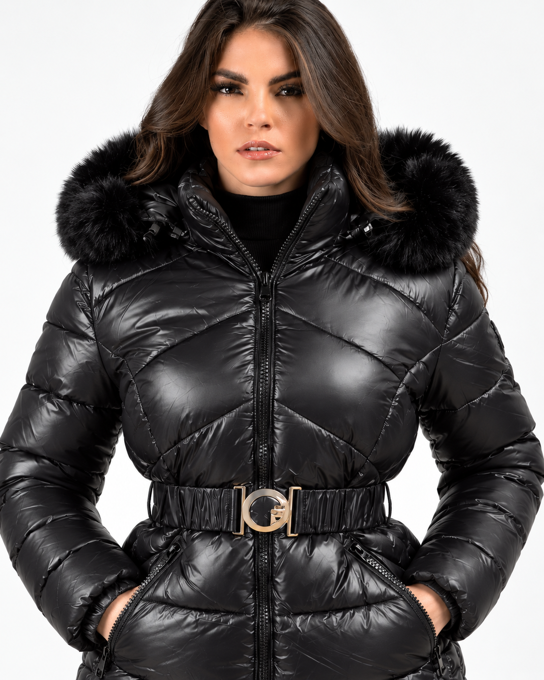 Belted Puffer Jacket with Faux Fur Hood  Black