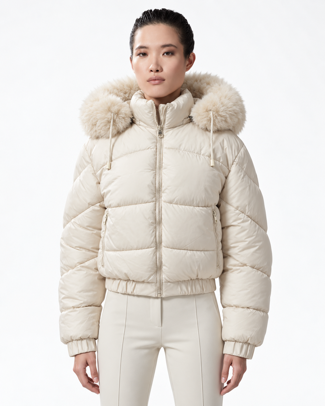 Faux Fur Hood  Short Puffer Jacket Cream