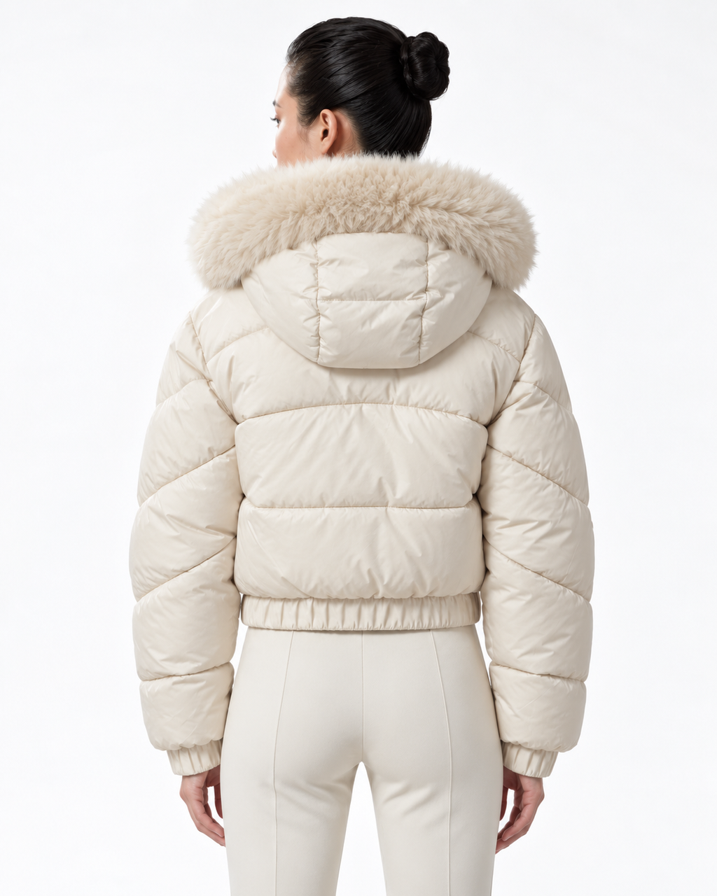 Faux Fur Hood  Short Puffer Jacket Cream