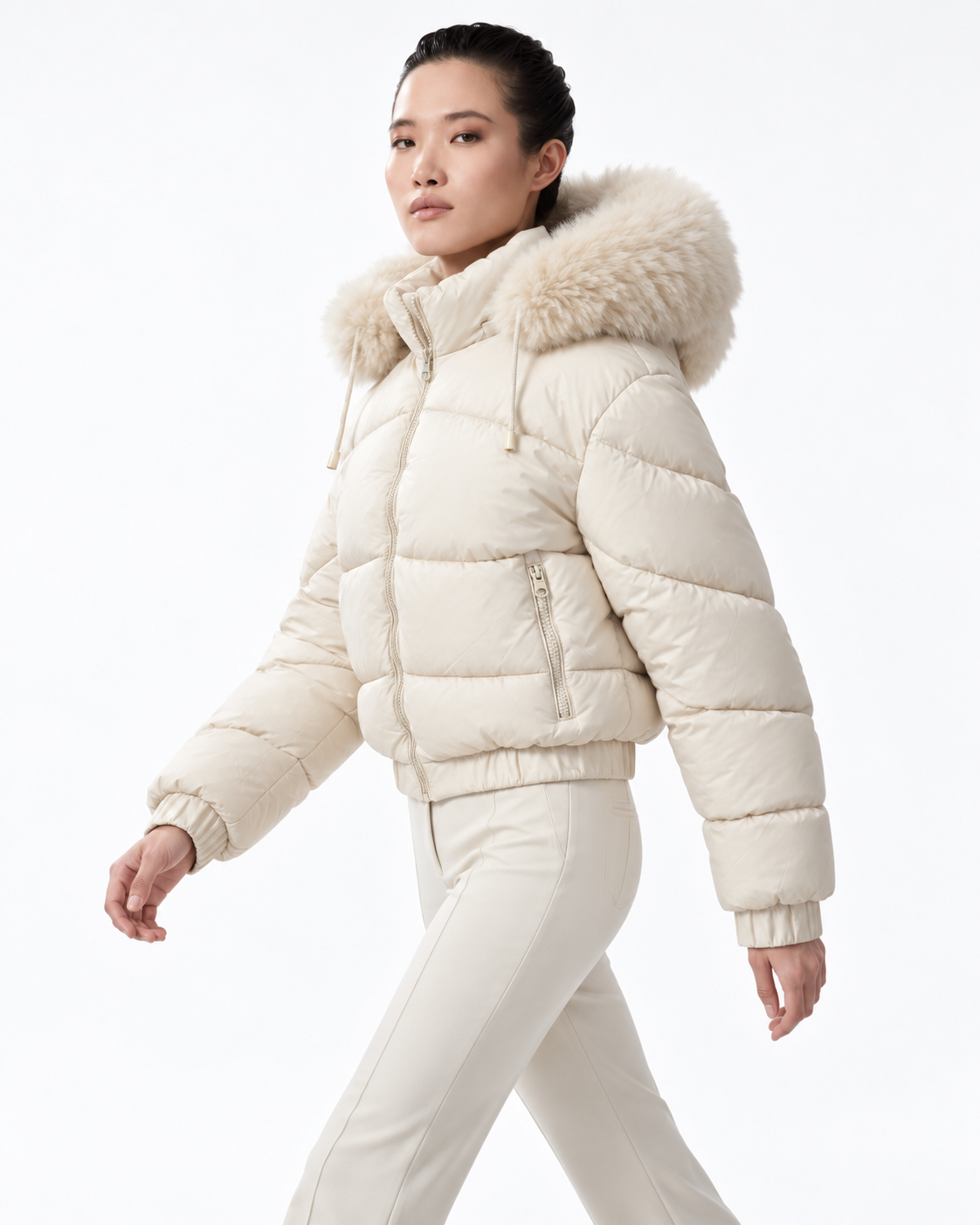 Faux Fur Hood  Short Puffer Jacket Cream