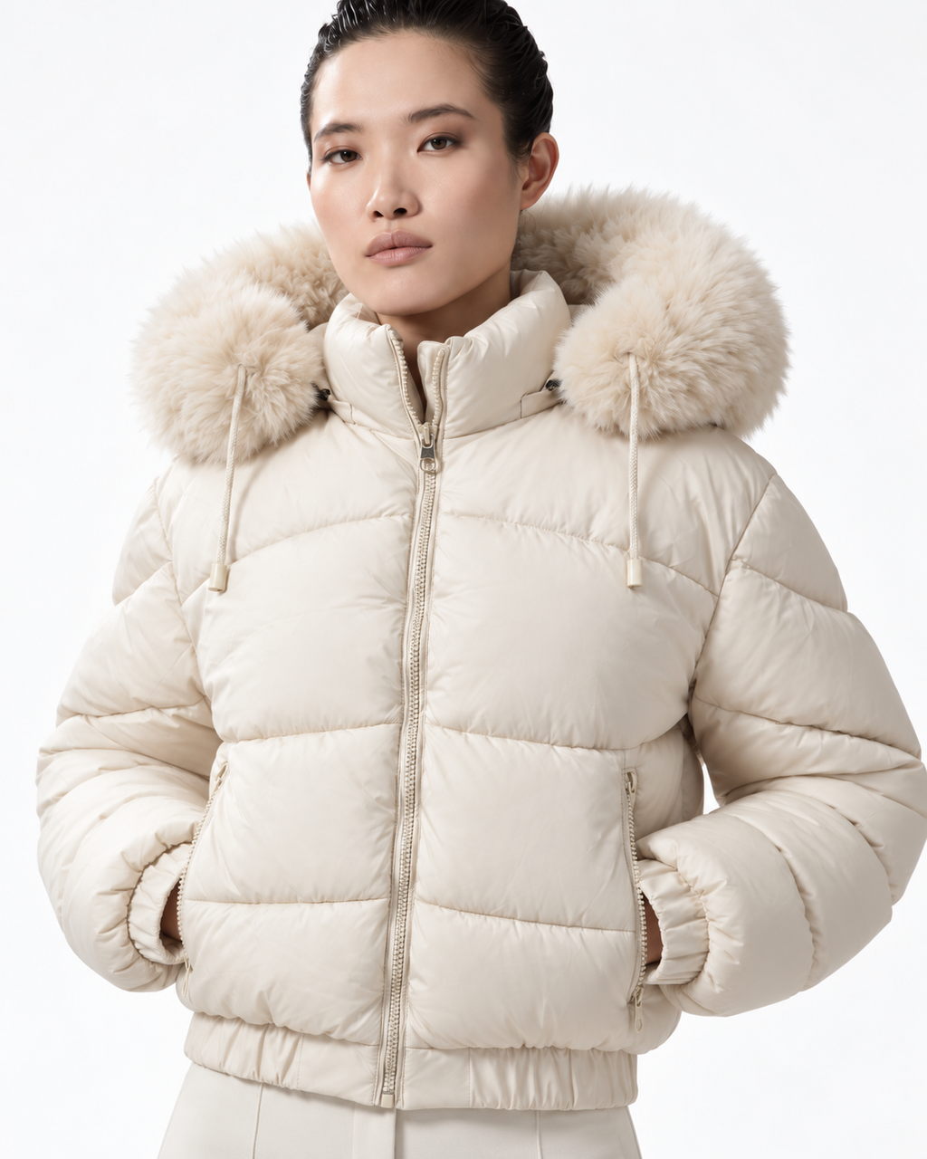 Faux Fur Hood  Short Puffer Jacket Cream