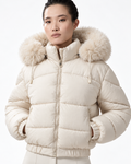 Faux Fur Hood  Short Puffer Jacket Cream