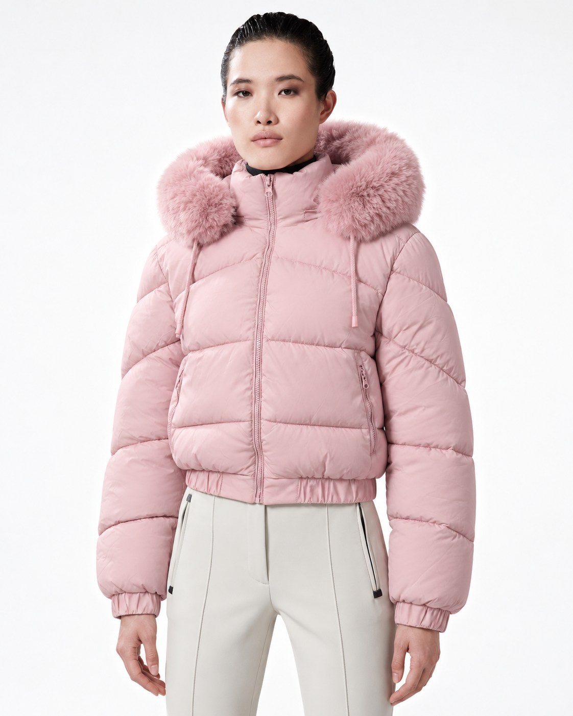 Faux Fur Hood  Short Puffer Jacket Pink