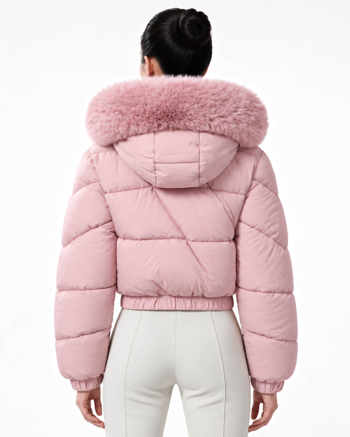 Faux Fur Hood  Short Puffer Jacket Pink