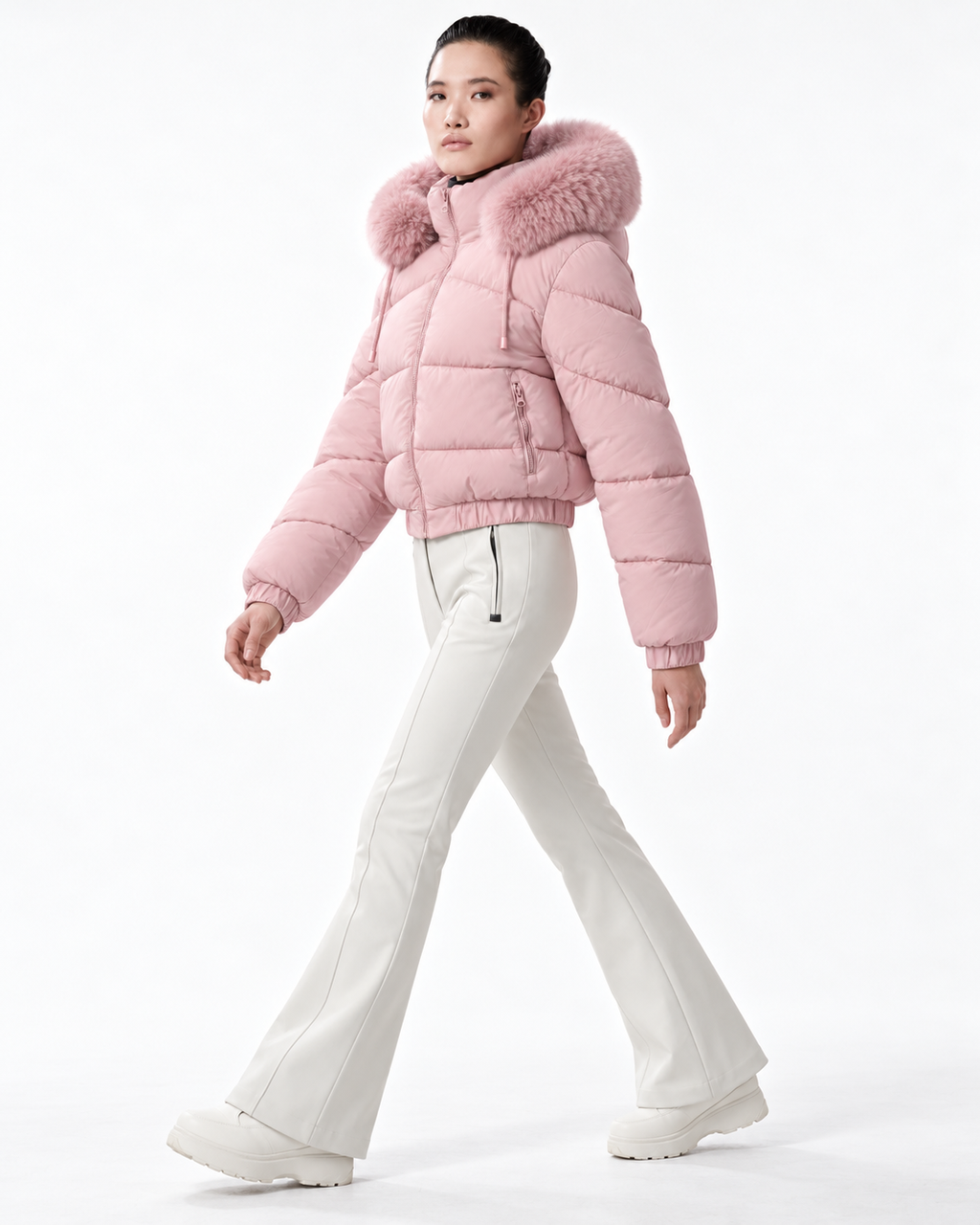 Faux Fur Hood  Short Puffer Jacket Pink