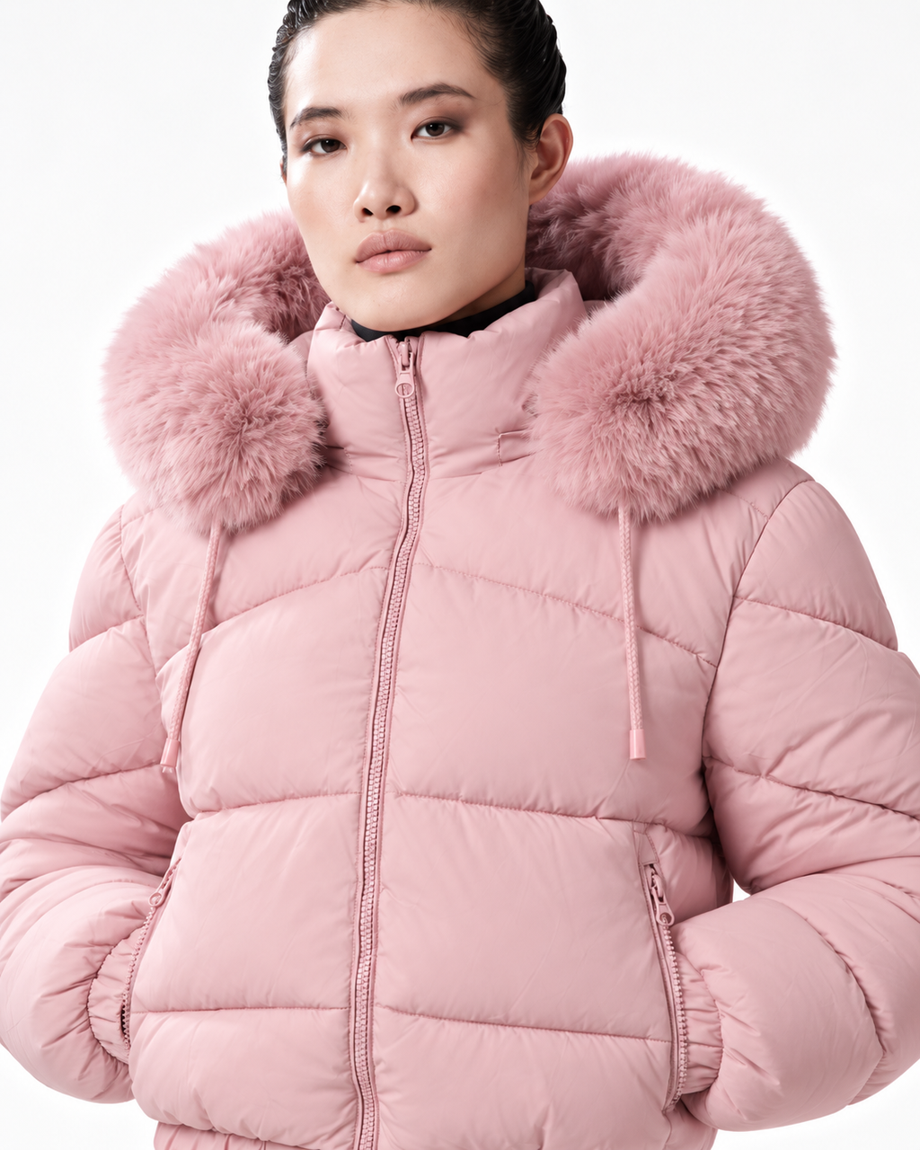 Faux Fur Hood  Short Puffer Jacket Pink