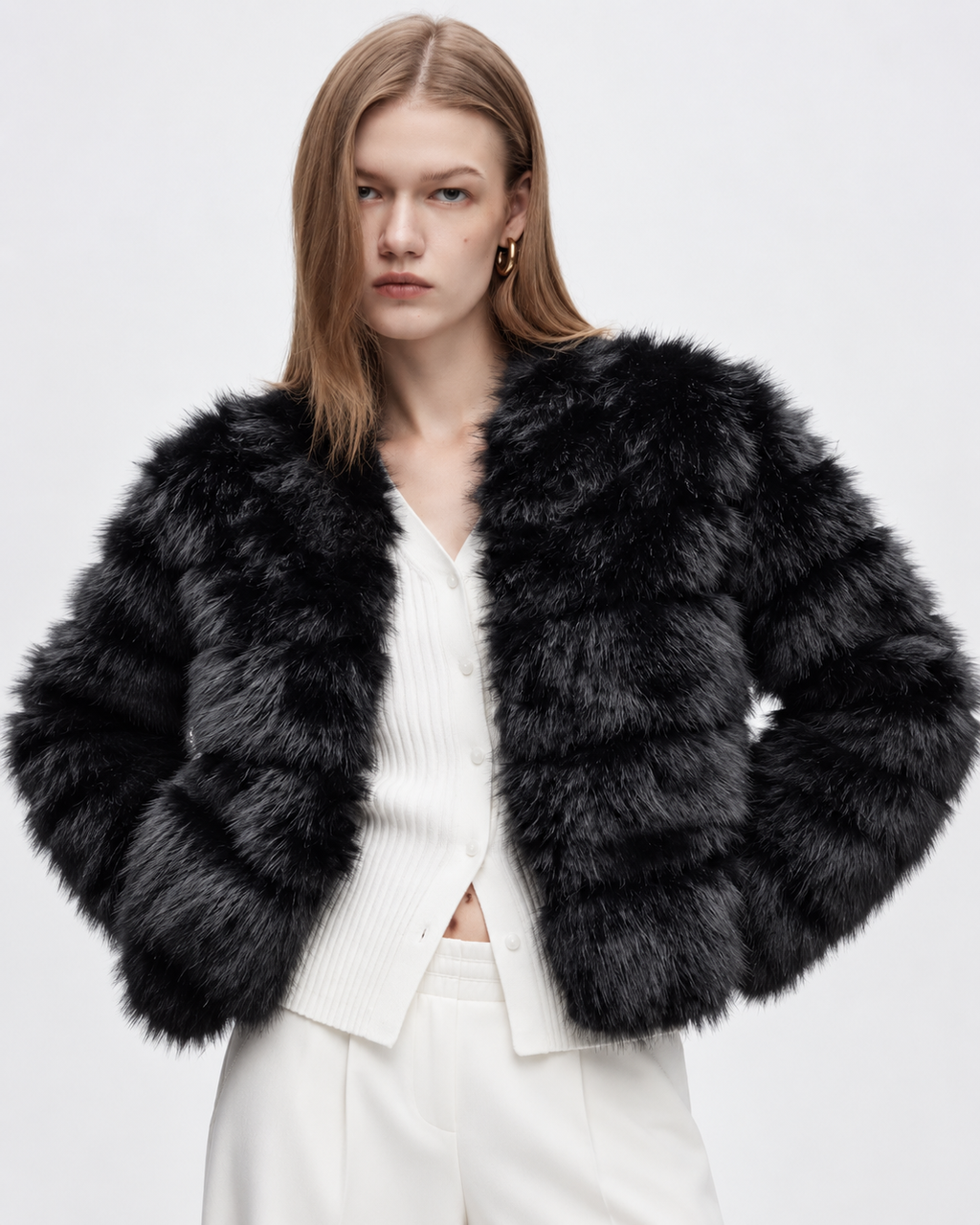 Faux Fur Cropped Jacket Black