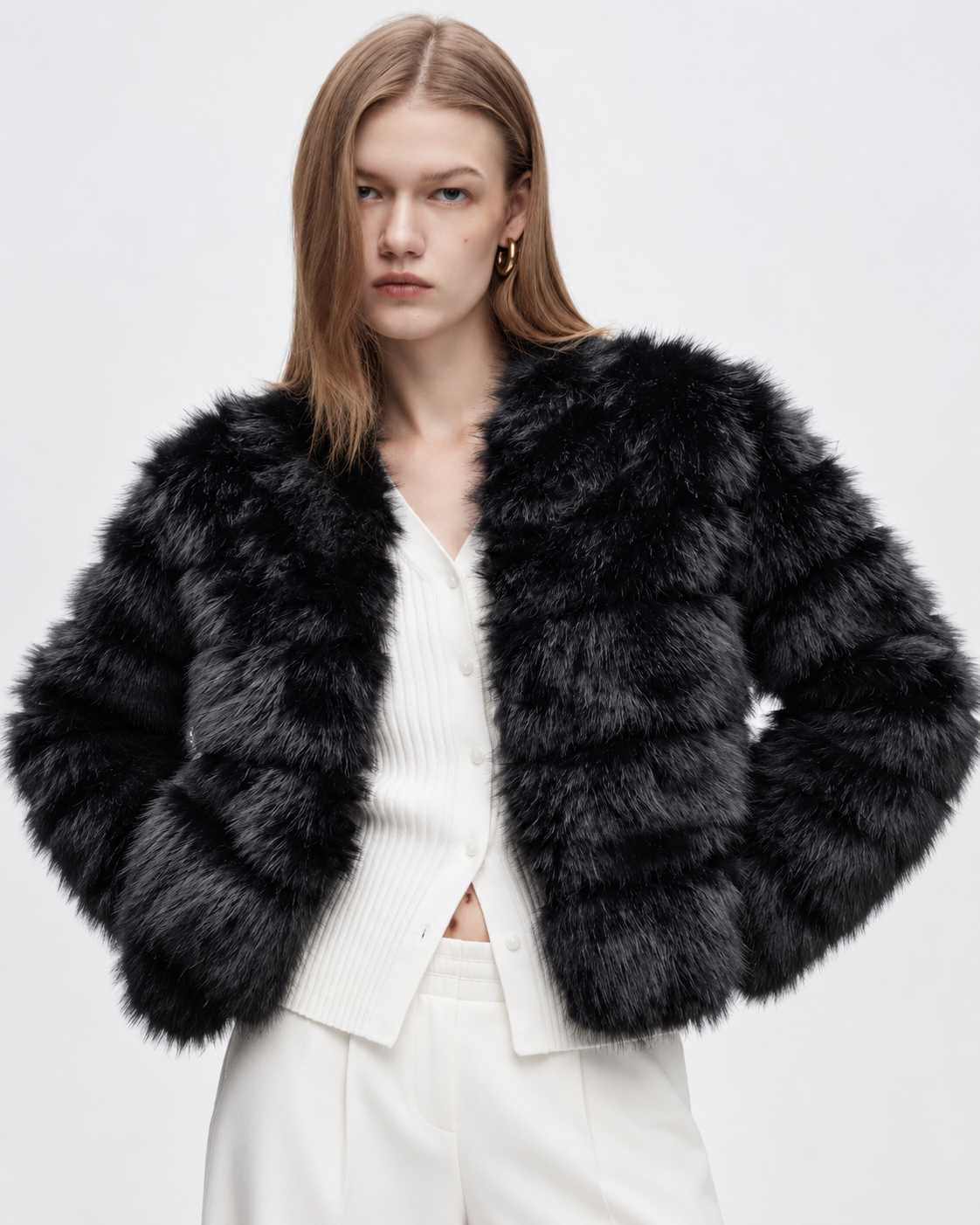 Faux Fur Cropped Jacket Black