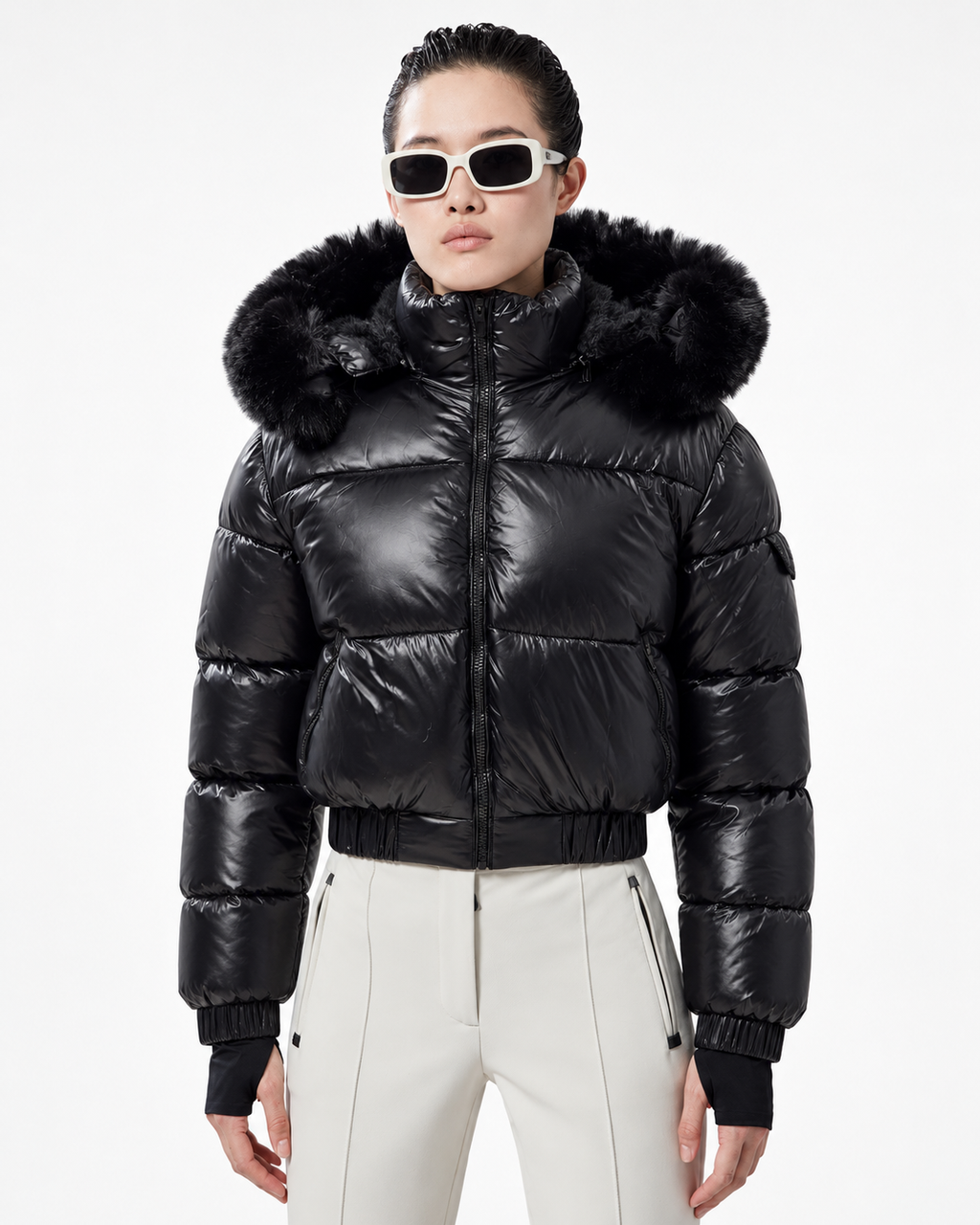 Faux Fur Hood  Short Puffer Jacket  Black
