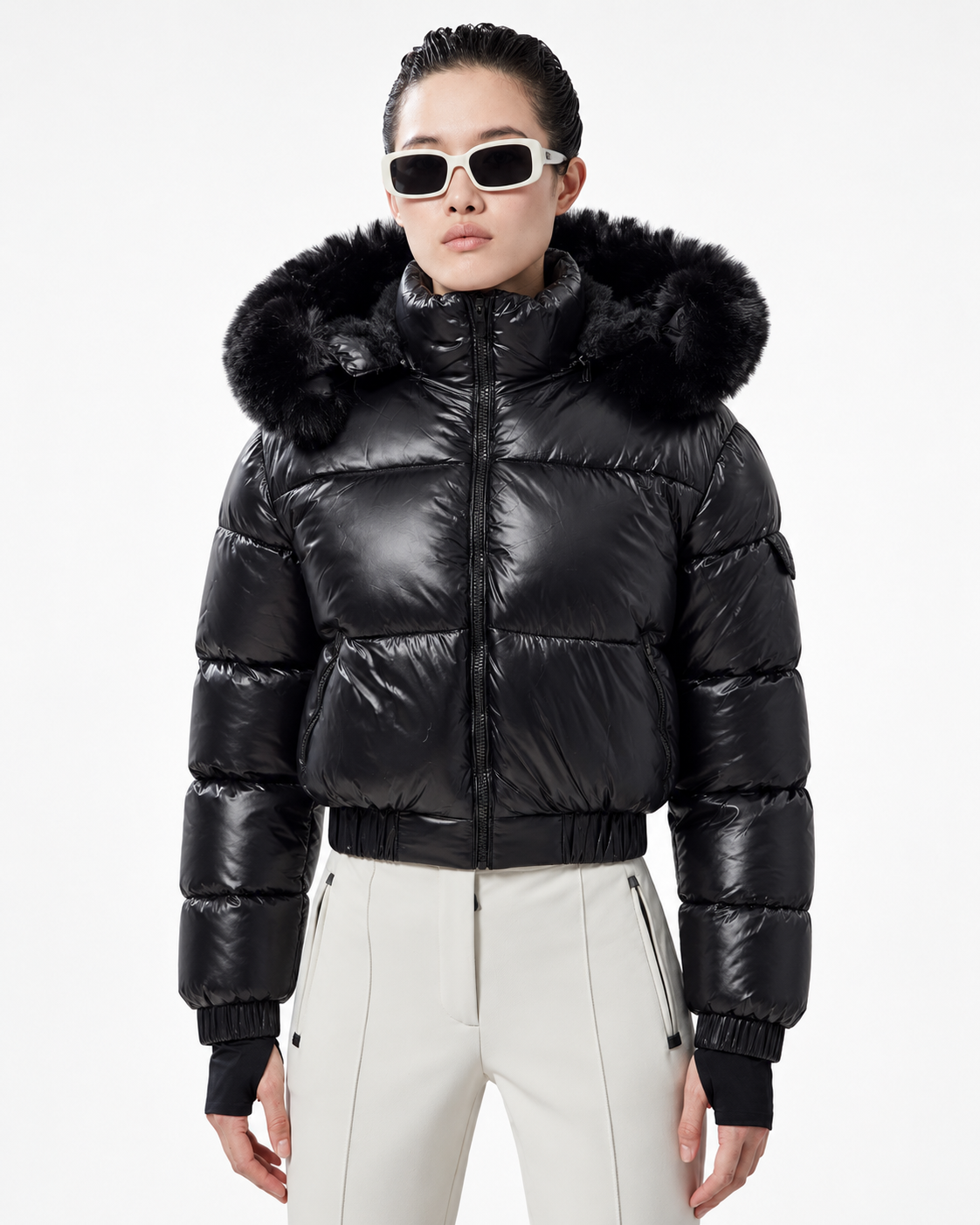 Faux Fur Hood  Short Puffer Jacket  Black