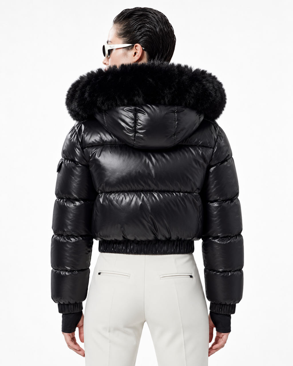Faux Fur Hood  Short Puffer Jacket  Black