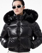 Faux Fur Hood  Short Puffer Jacket  Black
