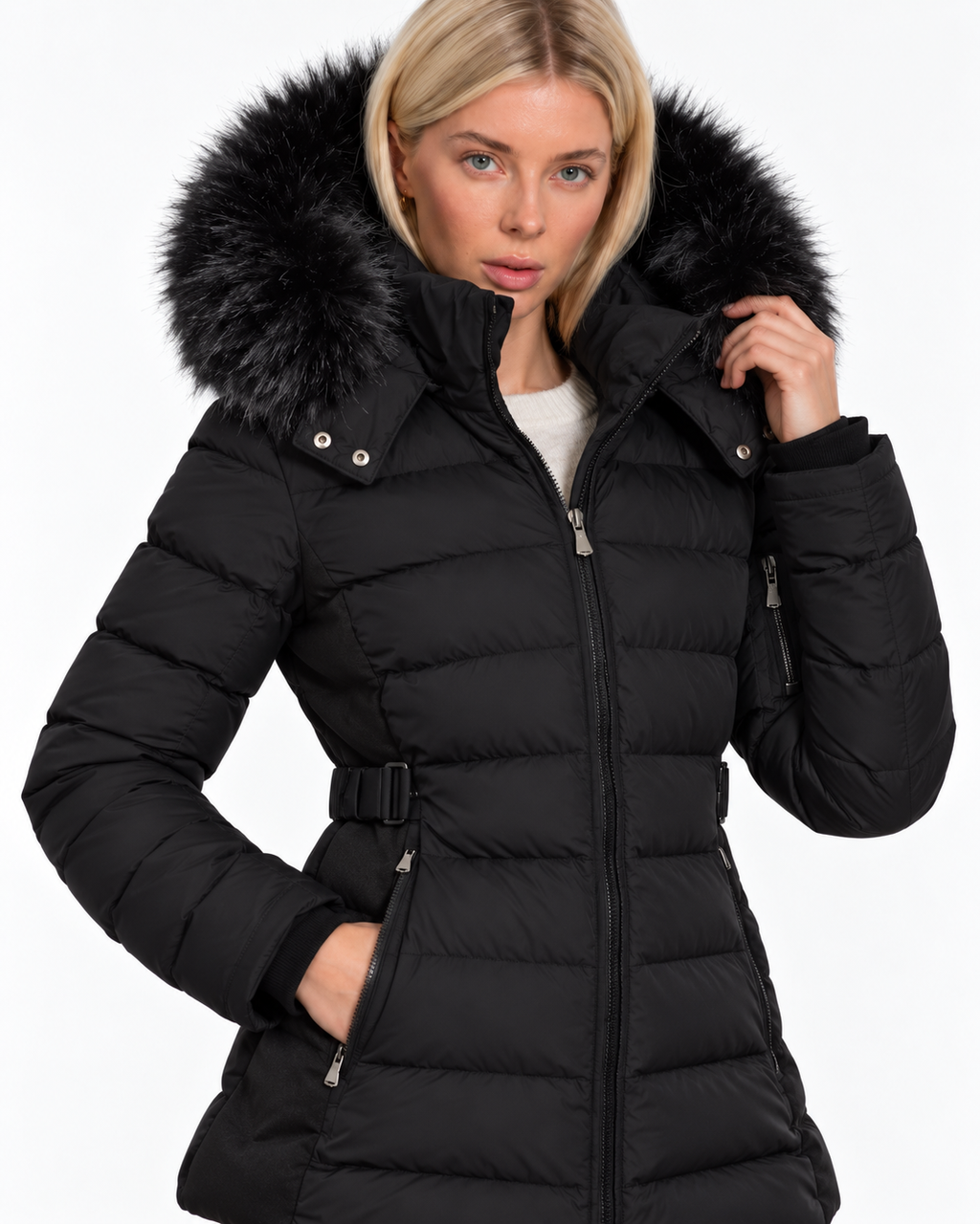 Padded Puffer Jacket with Black Faux Fur Hood Black  FC7601