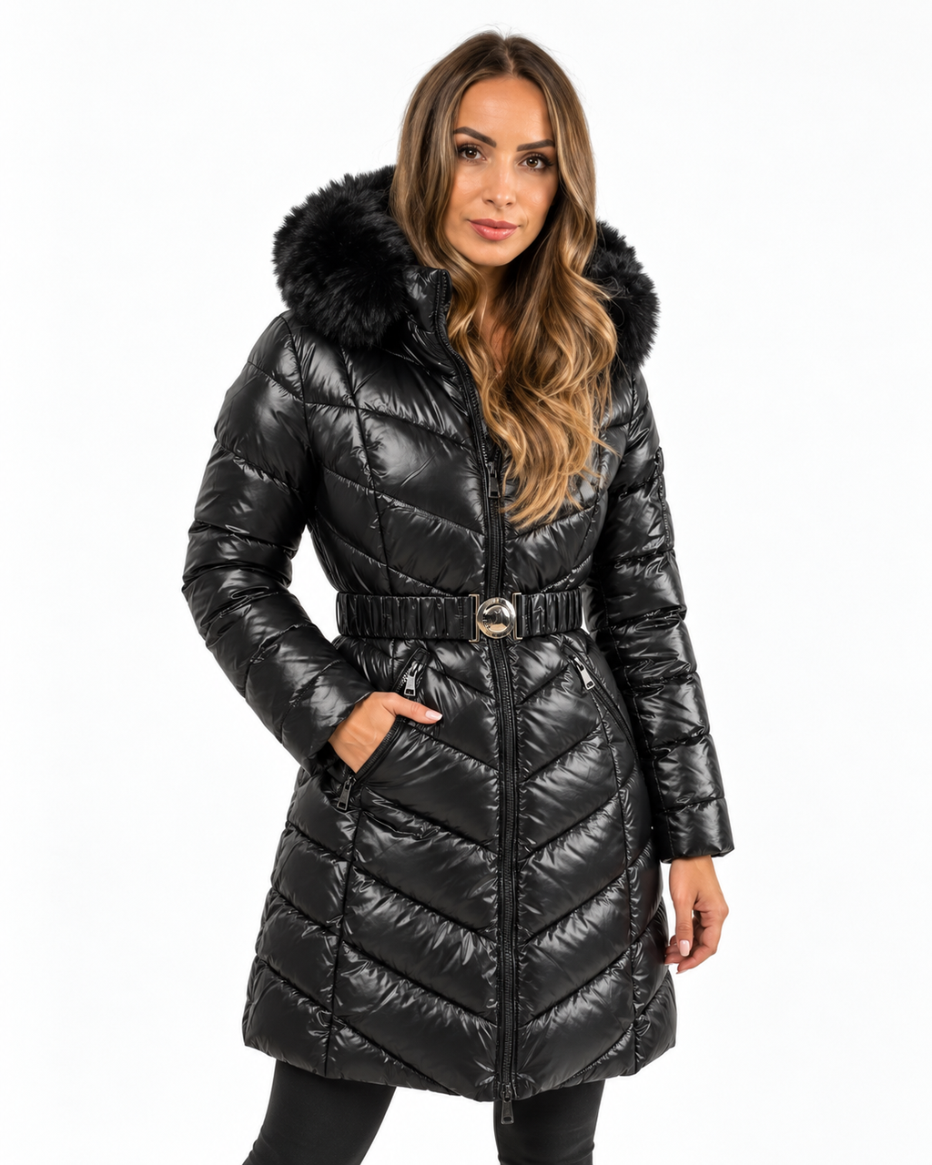 Belted Puffer Coat with Faux Fur Hood  Black