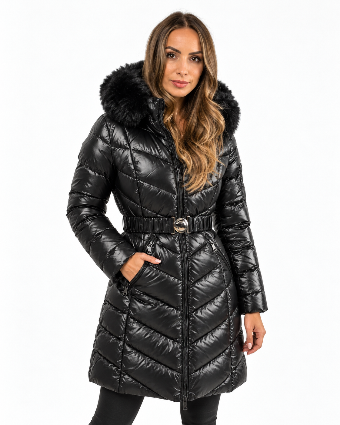 Belted Puffer Coat with Faux Fur Hood  Black
