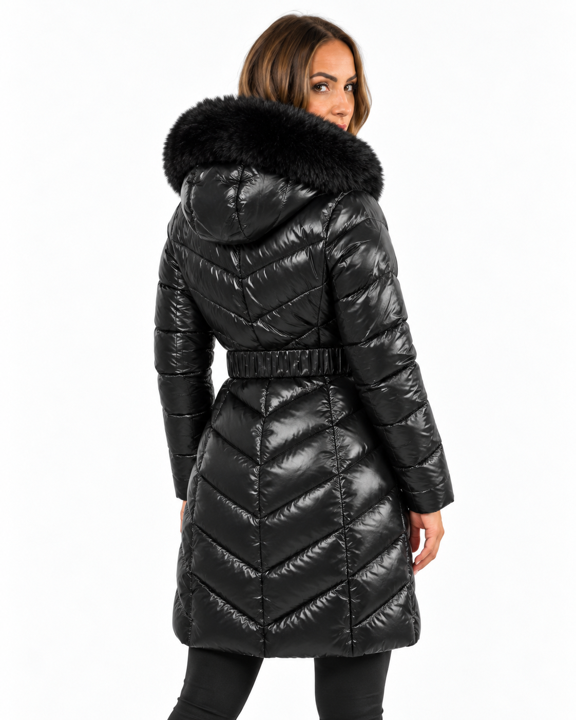 Belted Puffer Coat with Faux Fur Hood  Black