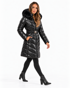 Belted Puffer Coat with Faux Fur Hood  Black