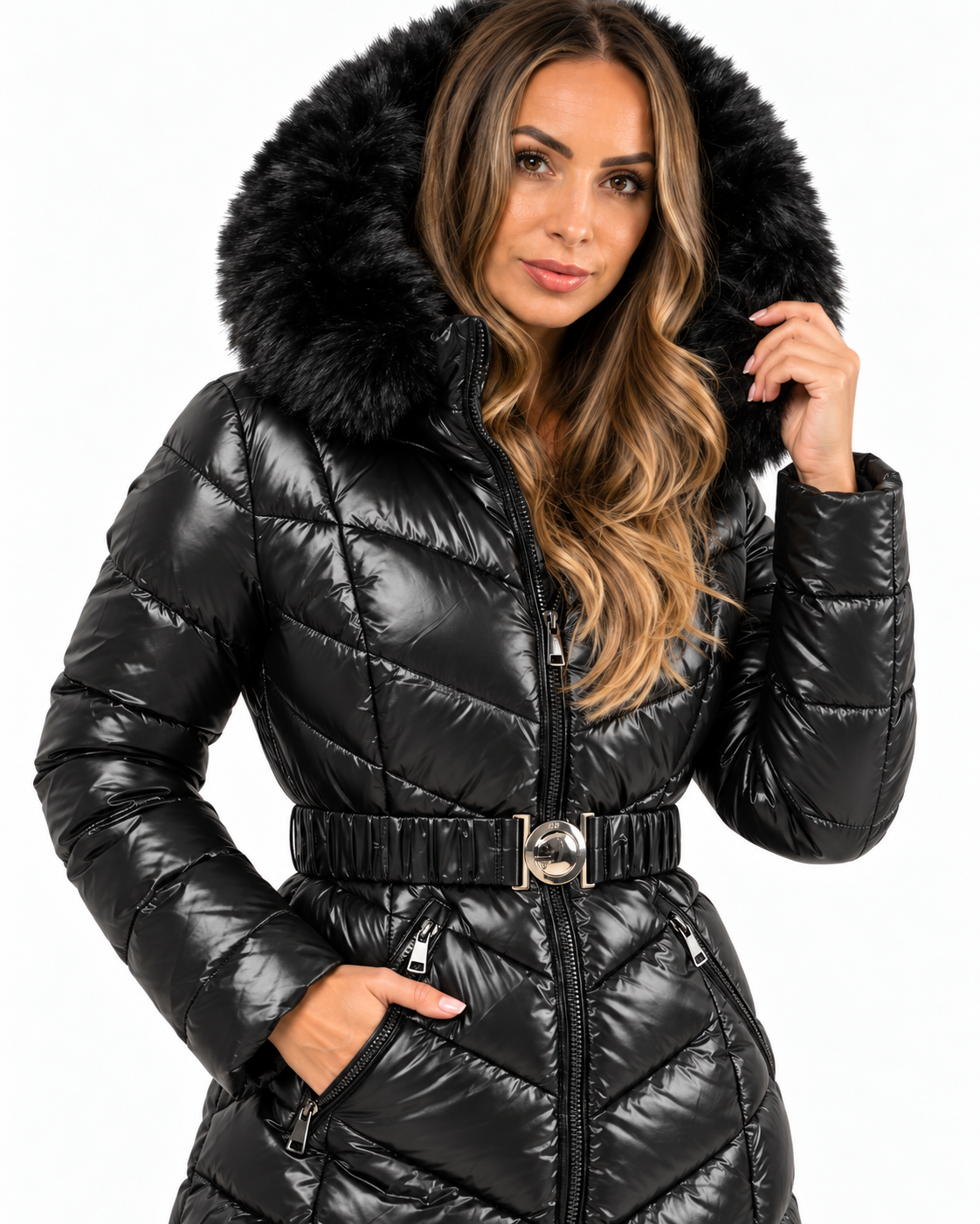Belted Puffer Coat with Faux Fur Hood  Black