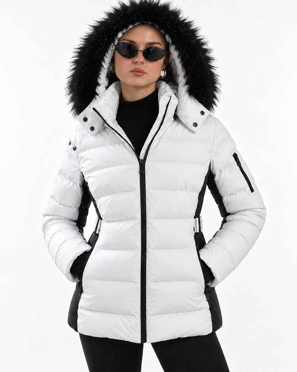 Padded Puffer Jacket with Black Faux Fur Hood White FC7601