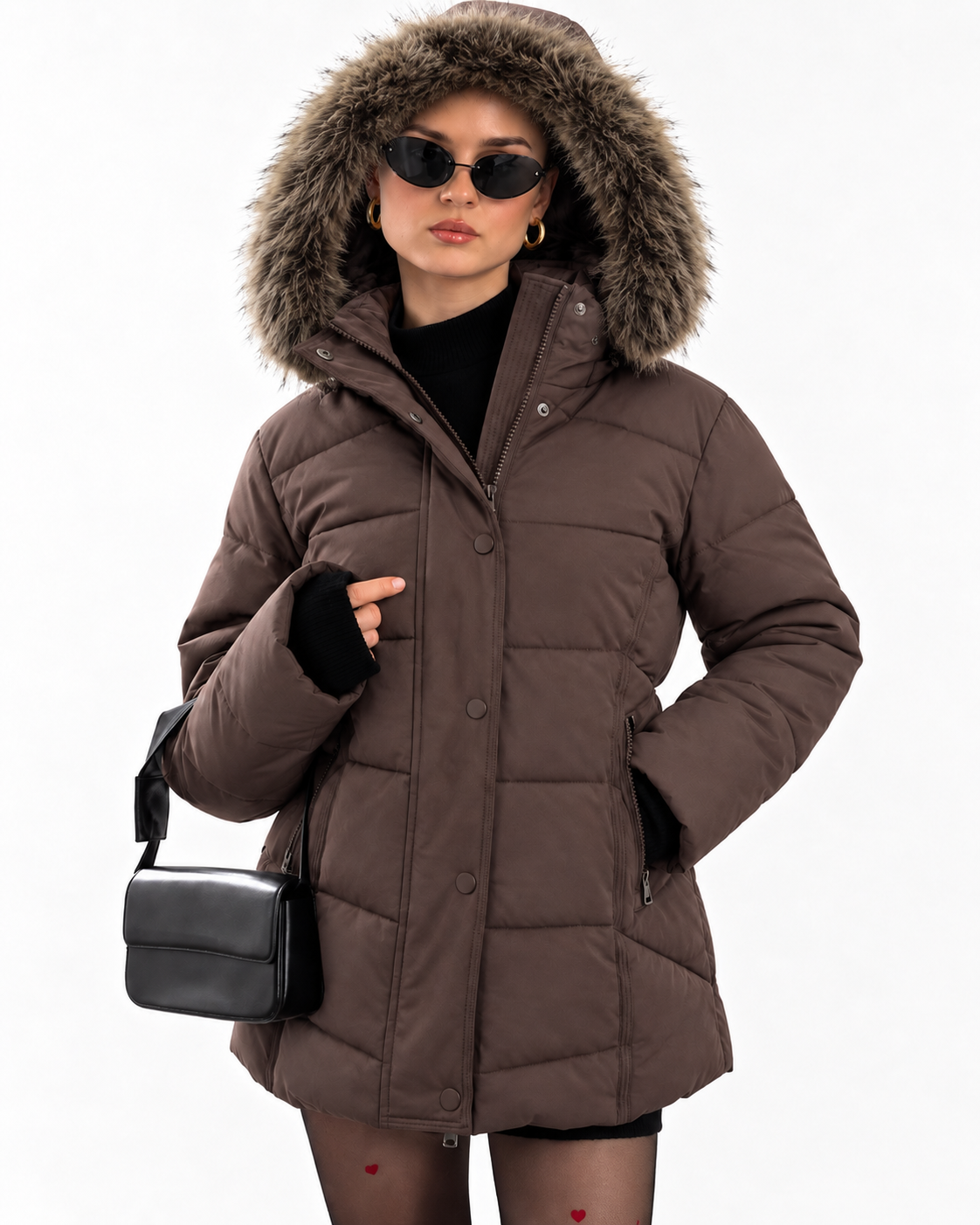 Women’s Luxury Faux-Fur Hooded Puffer Coat   Brown TG199