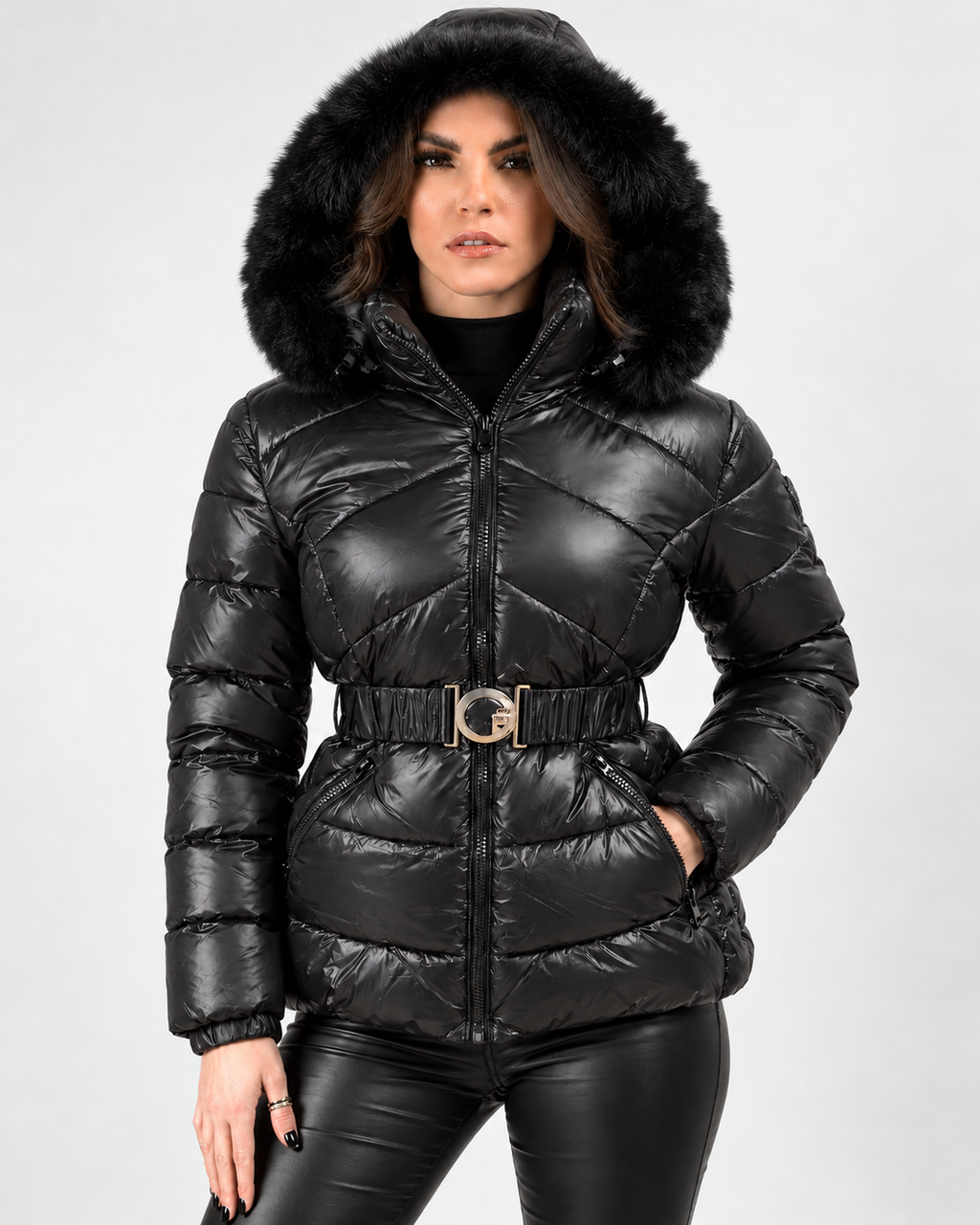 Belted Puffer Jacket with Faux Fur Hood  Black