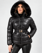 Belted Puffer Jacket with Faux Fur Hood  Black