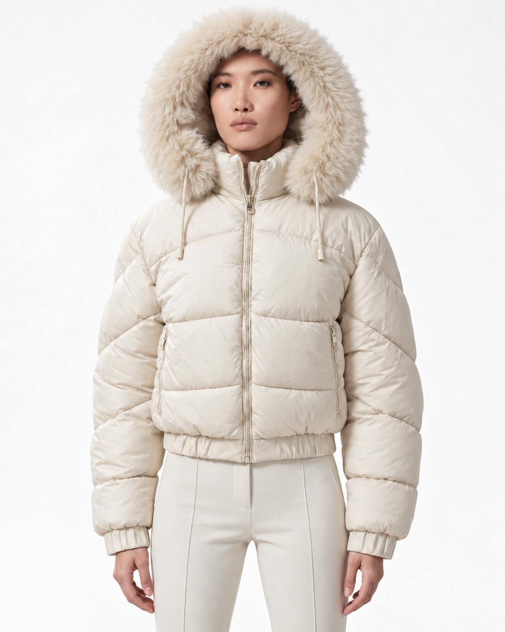 Faux Fur Hood  Short Puffer Jacket Cream